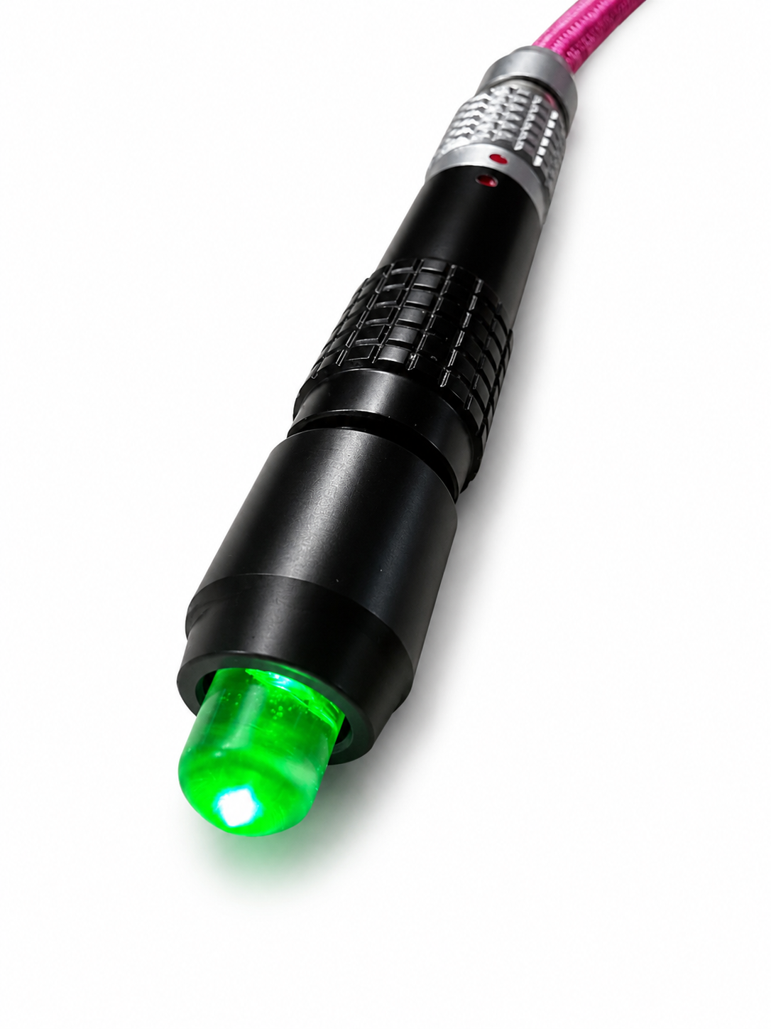2-Pin LEMO power tester with green LED illuminated on white background