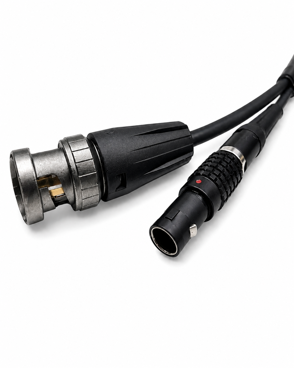 12G-SDI and 12V power cable loom connector close-up on white background