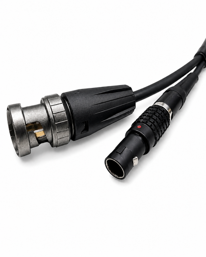 12G-SDI and 12V power cable loom connector close-up on white background