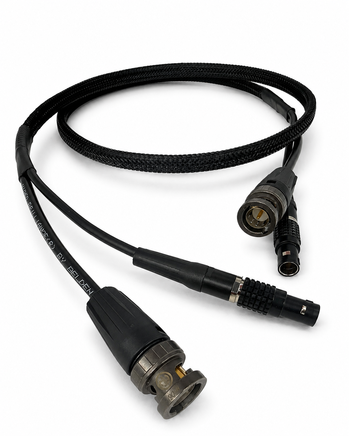 Braided 12G-SDI and 12V power cable loom on white background