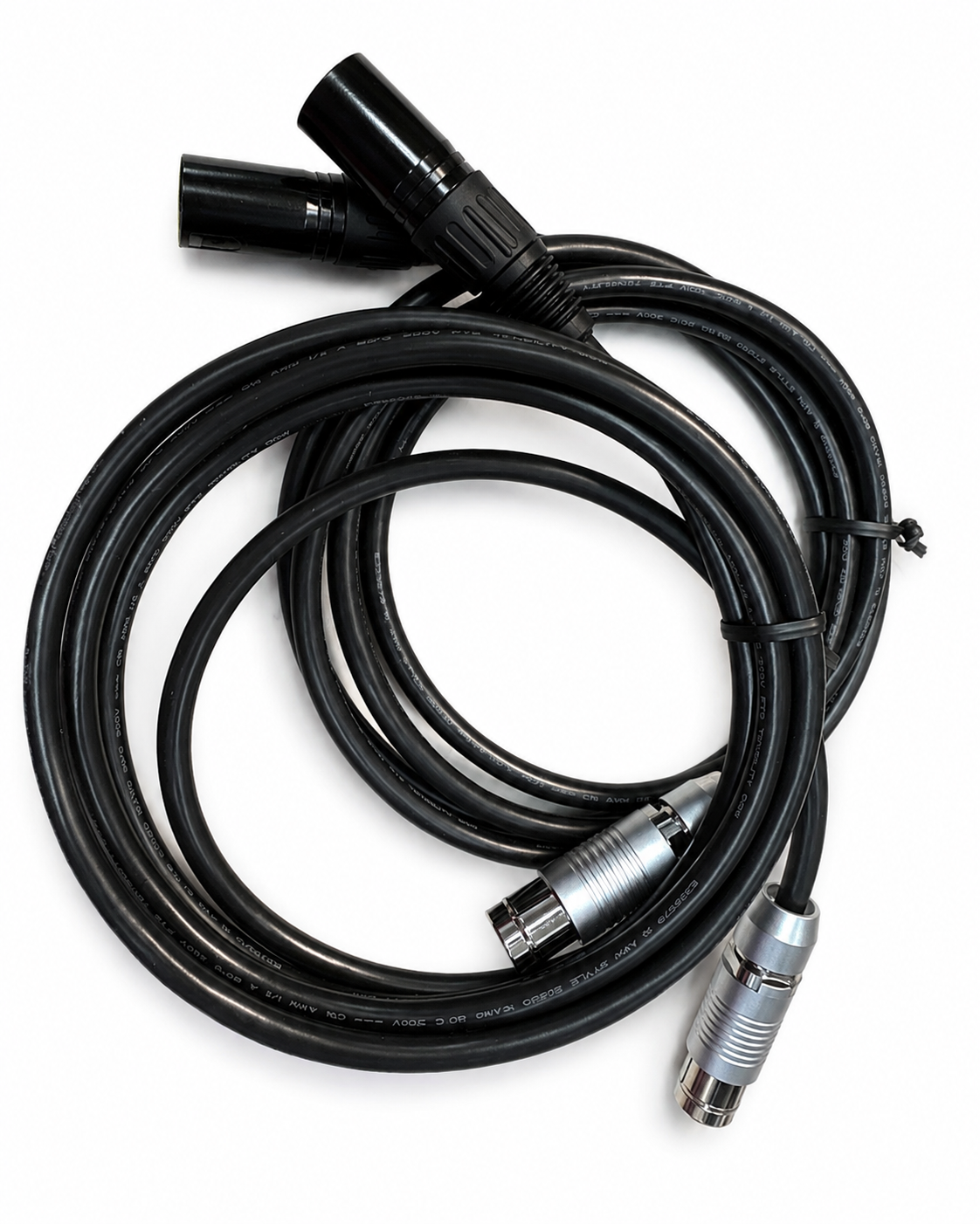 ARRI 24V camera power cable with 3-pin XLR and 2-pin Fischer connectors on white background