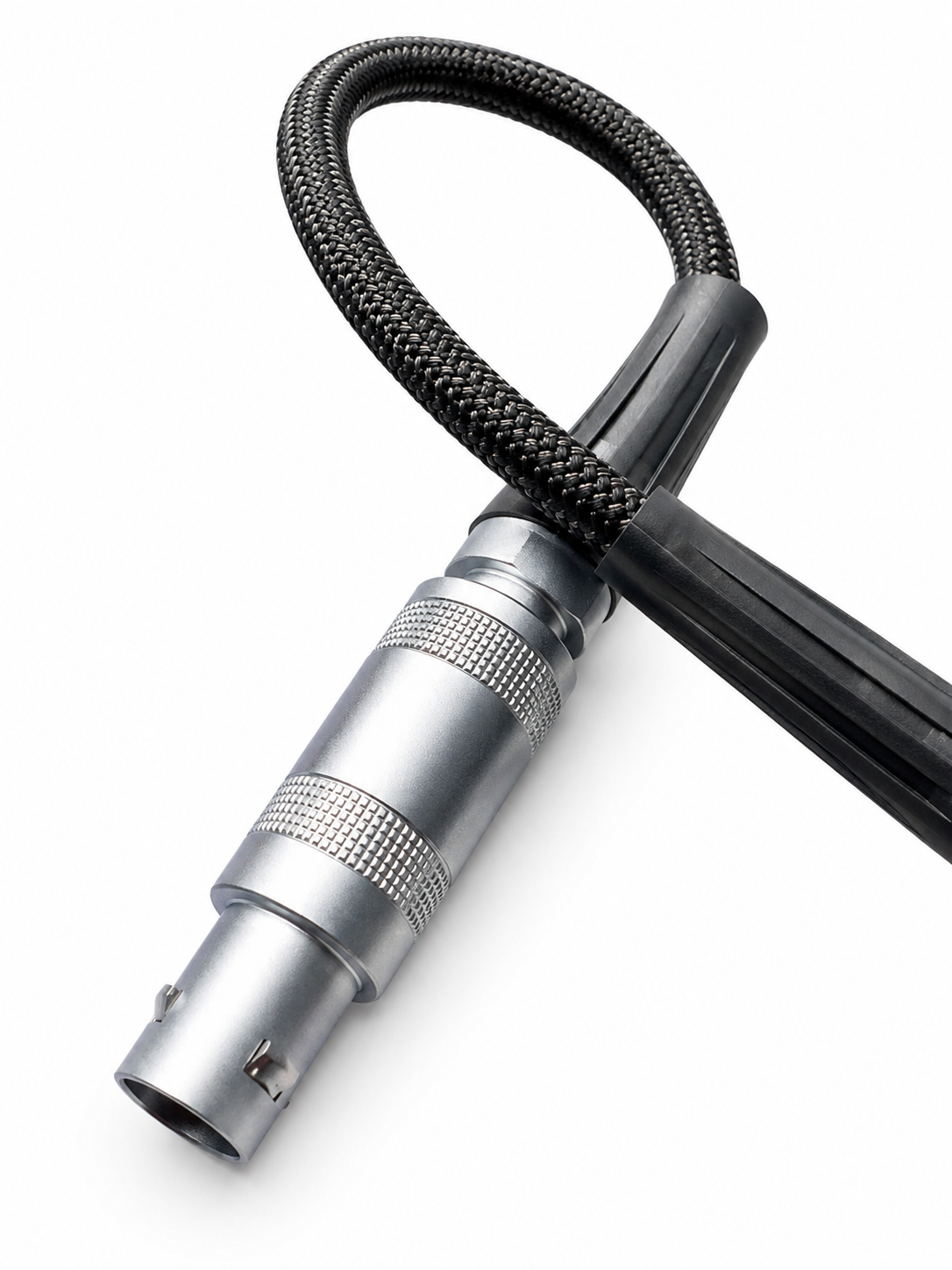 Steadicam 24V to ARRI 2-pin Fischer camera power cable on white background